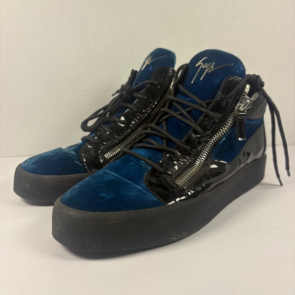 Giuseppe Zanotti Mid Top Sneakers Mens 44 Blue Velvet Patent Leather Side Zip